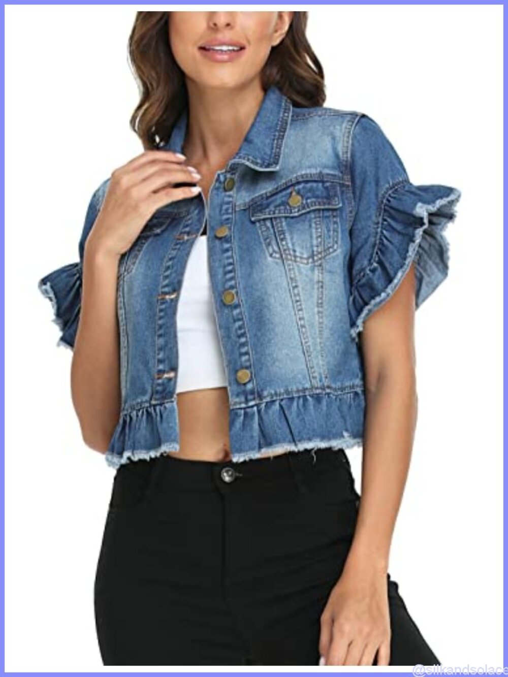 Cropped Denim Jacket Short Sleeve Ruffle Frayed Hem